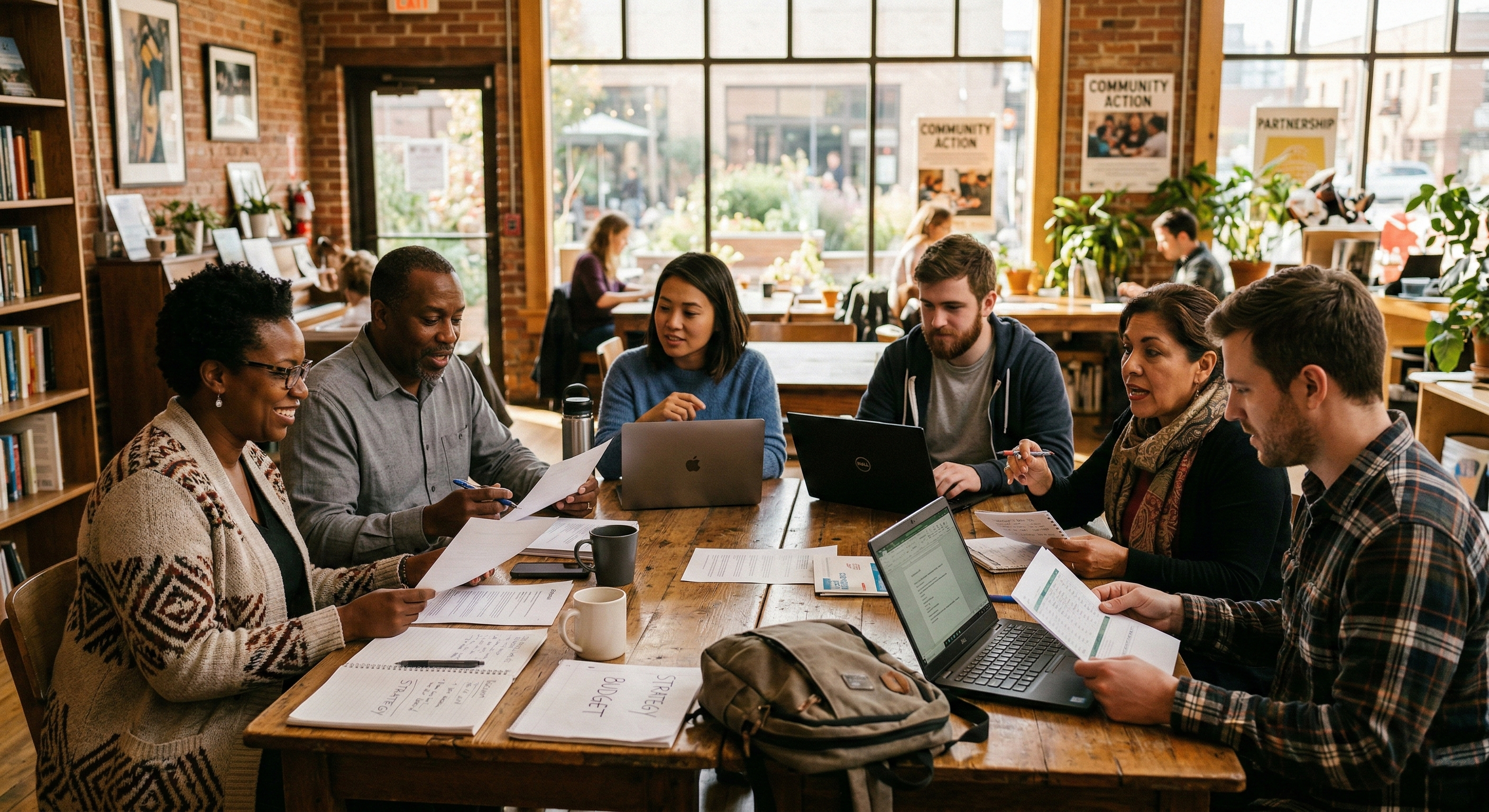 Diverse group of nonprofit leaders collaborating around a table in a bright community space